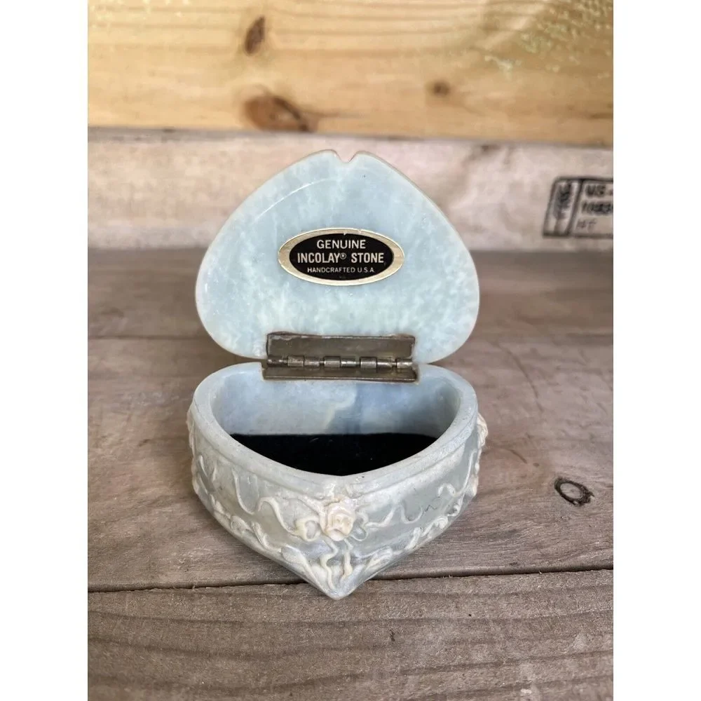 Vintage Genuine Incolay Blue Green Stone Heart Shape /Roses  Jewelry Trinket Box